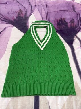 Polo by Ralph Lauren Green Cable-Knit Halter Sweater Vest with White-Trim V-Neck